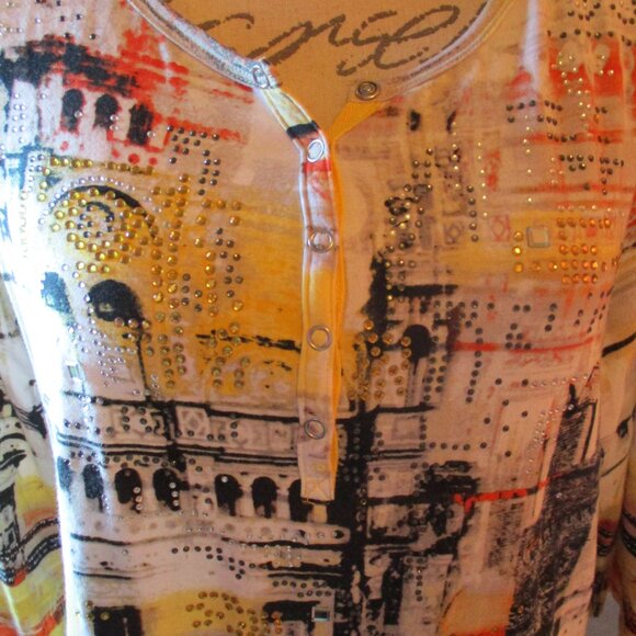 Sportelle Sequined Multi-Colored Round Neck Snap-Up Top w/3/4 Quarter Sleeves - Picture 2 of 4